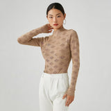 Women Sweater Knitwear Turtleneck Hollow out Diamond Lattice Jumpsuit Women's Autumn Stretch Slim Fit Base Long Sleeve Knitted T-shirt