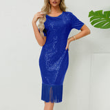 Women Date Dress round Neck Vintage Sequined Tassel Evening Dress