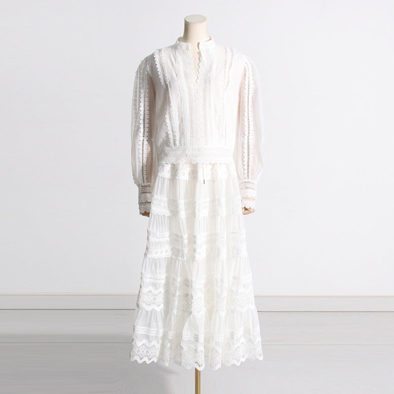 Women Dresses Spring V-neck Embroidery Top Skirt Two-Piece Set (Qymy0409)