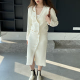 Women Knitted Two-Piece Set Spring Suit V-neck Top and Skirt 8t8221
