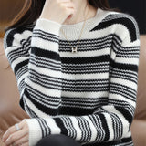 Women Knitwear Autumn and Winter round Neck Striped Sweater Loose Sweater