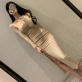 Women Dresses Split Long Sleeve Dress U Collar Sexy Hip Skirt