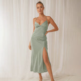 Women Dress Sexy Green Satin V-neck Strap Dress