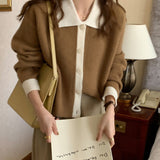 Women Knitwear Spring and Autumn Retro Lapels Contrast Color Knitted Cardigan