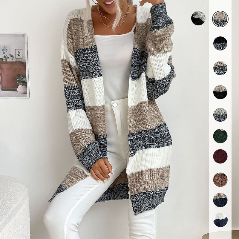 Women Knitted Sweater Autumn and Winter Button-Free Colorblock Sweater Coat