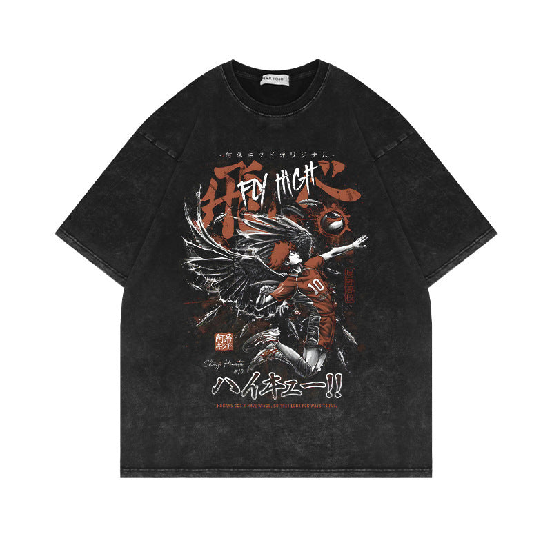 Washed old short-sleeved T-shirt anime volleyball teenager oversize