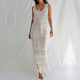 Women Knit Beach Cover Sun-Proof Beach Dress Hollow out Strap Long Dress with Tassel