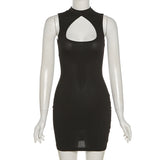 Women Dresses Summer Sleeveless round Neck Sexy Hollow Slim Sheath Dress (Bla0420)