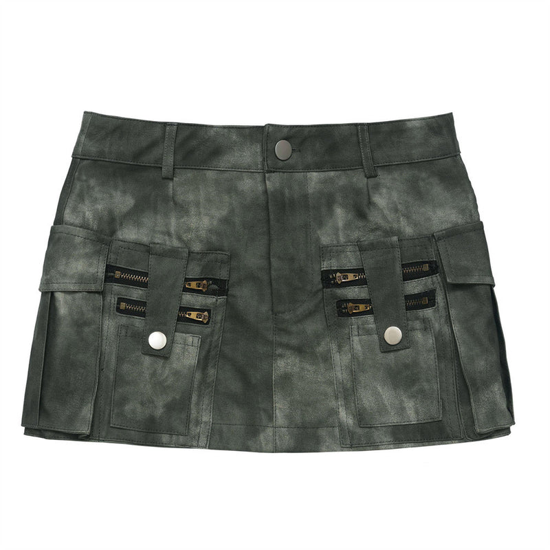 Women Skirt Tie-Dyed PU Leather Miniskirt Summer A- line Skirt