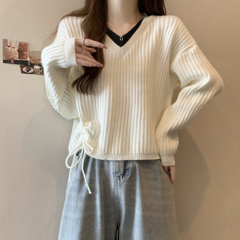 Women Knitted Pullover Fall V-neck Knitwear Loose Long Sleeve Top