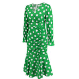 Women Date Dress Autumn and Winter Dress Sexy V-neck Polka Dot Printing Long-Sleeved Fishtail Dress
