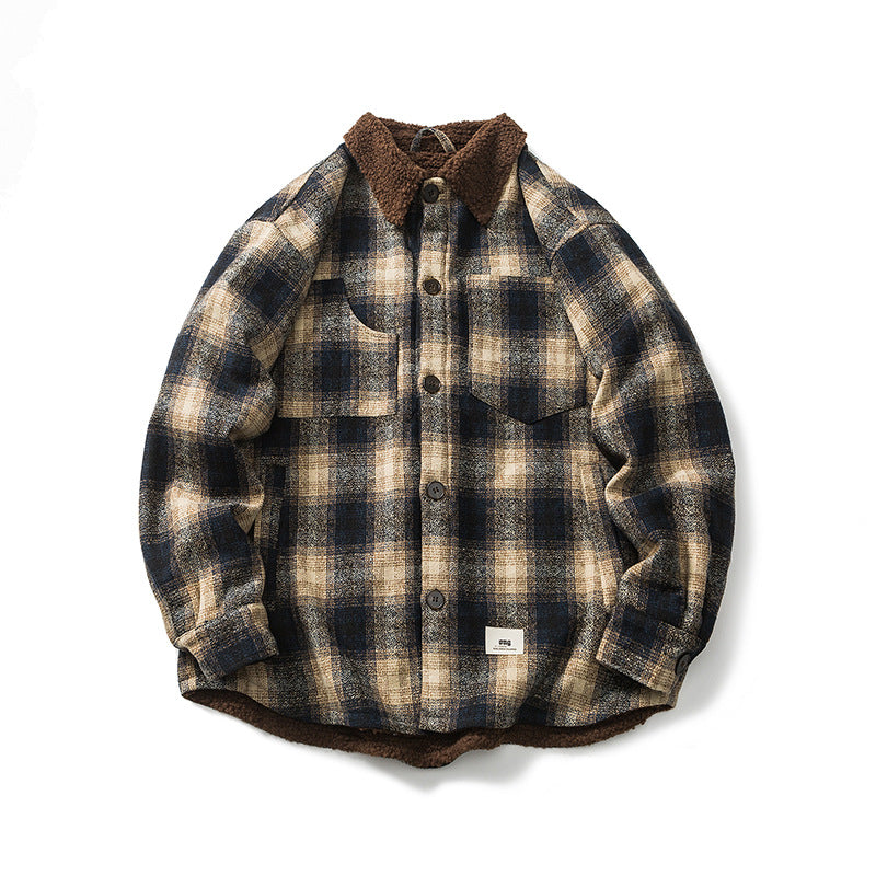 Unisex Winter Cotton Coat Plaid Decoration Lapel Cotton-Padded Coat Vintage Cotton-Padded Jacket
