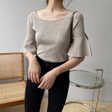 Women Knitted T-shirt Bell Sleeve Solid Color T-shirt Summer round Neck Top