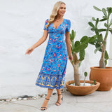 Women Date Dress Floral Dress Short Sleeve V-neck Bohemian A- line Skirt