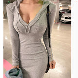 Women Dresses Long Skirt Sheath Dress V-neck Sweatshirt Skirt