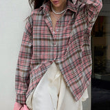 Women Trench Coat Vintage Pink Plaid Long Sleeve Shirt Loose Casual Shirt Coat