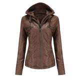 Red Leather Jacket Hooded Leather Jacket Two-Piece Detachable Leather Jacket Women's Spring and Autumn Coat Women's Pu