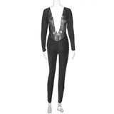 Women Jumpsuit Summer Shiny V-neck Long Sleeve Sexy Backless Jumpsuit