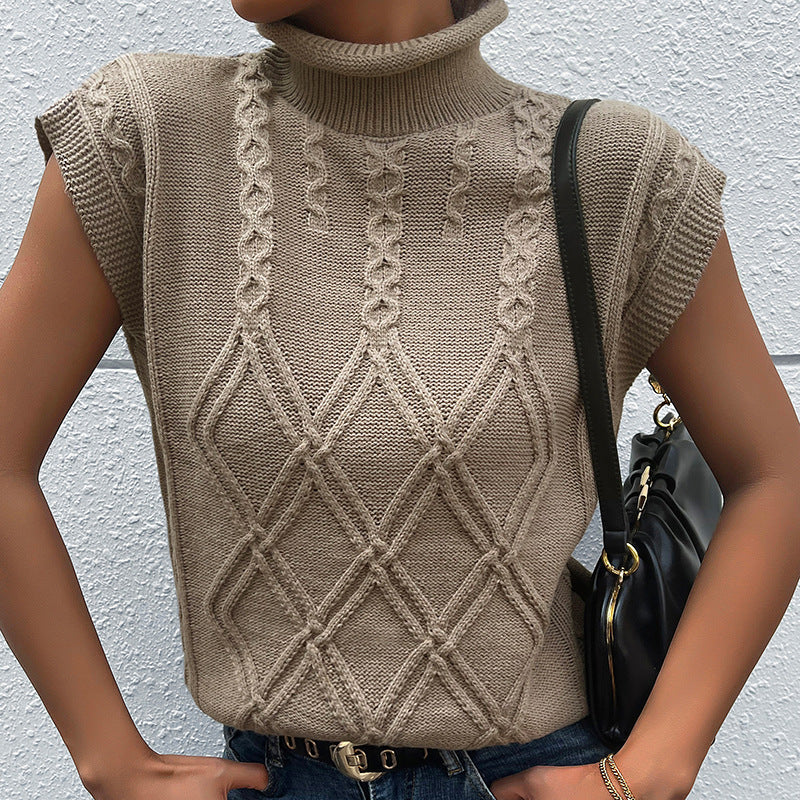 Women Knitted Sweater Autumn Solid Color Short Sleeve Turtleneck Sweater