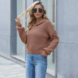 Women Knitted Sweater Autumn Short Solid Color Polo Collar