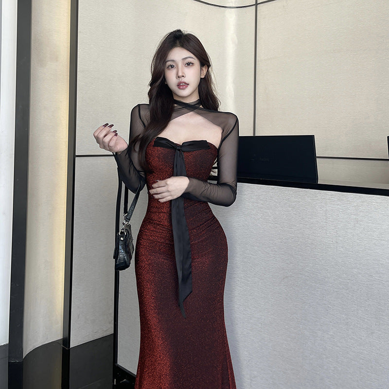 Women Dresses Mesh Long Sleeve Dress