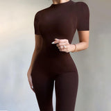 Women Jumpsuit Spring Short Sleeve Zipper Sports Yoga Jumpsuit (Hawthaw0412)