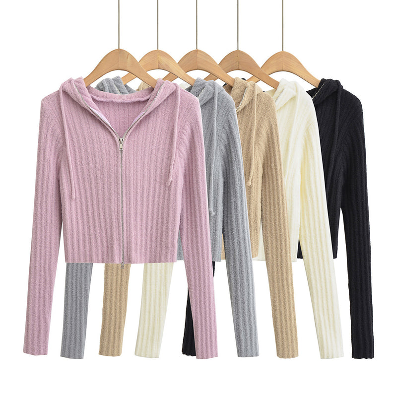 Women Sweater Knitwear Mohair Hooded Knit Cardigan Female Fall/Winter Slim Zipper Long Sleeve Sweater Coat