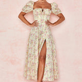 Robe Bridgerton Summer Square Collar Puff Sleeve Long Floral Dress