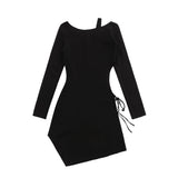 Women Dresses off-the-Shoulder Dress Hollow-out Midriff Long Sleeve Short Dress