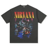 Mens Vintage Rock Band T-Shirt Nirvana Band Print Short Sleeve T-Shirt Loose Vintage Crew Neck