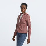 Red Leather Jacket Fleece-Lined Women's Leather Jacket Women's Hooded Autumn and Winter Short Coat Casual Women's Jacket