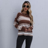 Women Knitted Sweater Autumn Leisure Loose Long Sleeve Striped Sweater