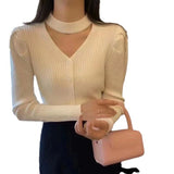 Women Knitted Cardigan Puff Sleeve Sweater Fall V-neck Top