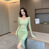 Women Maxi Dress Spring and Autumn Sexy High Elastic Mesh Long Sleeve Narrow Dress