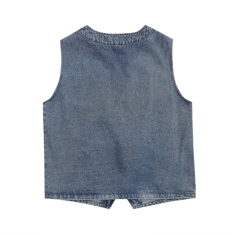 Men Vest Floral Embroidery Casual Denim Vest