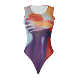 Women Jumpsuit Summer Mesh Printed Slim round Neck Sleeveless Leotard