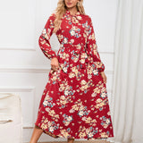 Women Date Dress Autumn Long Sleeve Lace Stand Collar Belt Long Dress