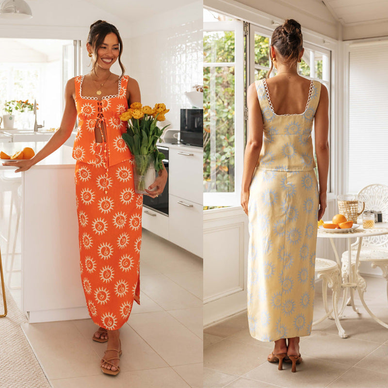 Women Dresses Square Collar Top Printed Long Dress Split Dress Suit (Jkw0408)