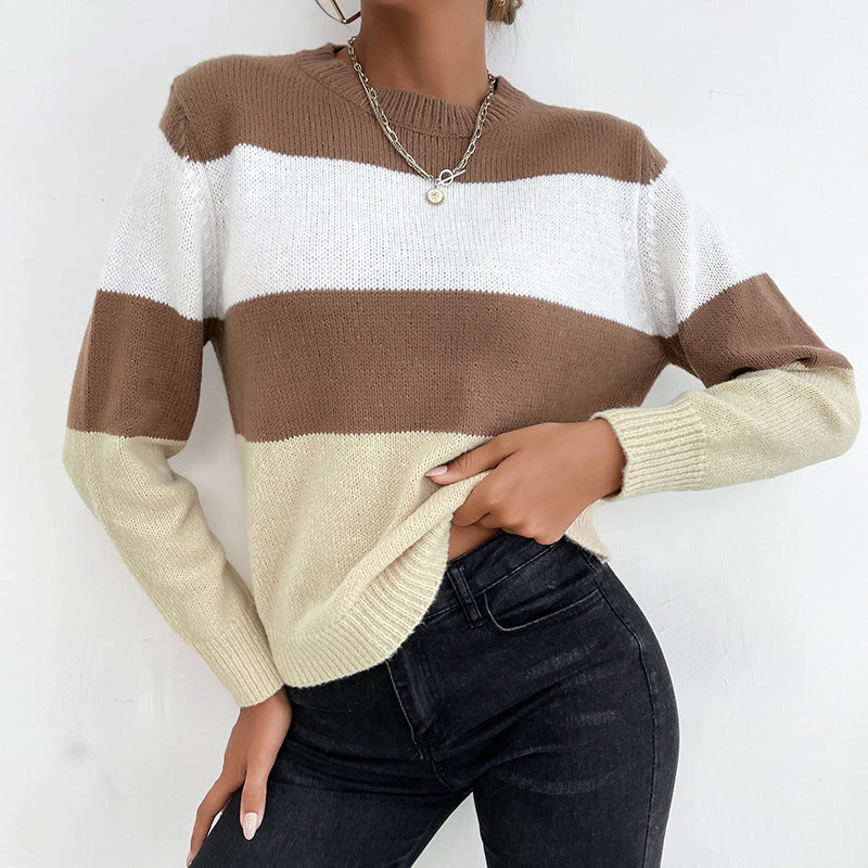 Women Knitted Sweater Autumn Leisure Color Block Long Sleeve Crew Neck Sweater