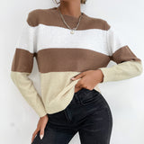 Women Knitted Sweater Autumn Leisure Color Block Long Sleeve Crew Neck Sweater