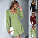 Women Dress Square Collar Long Sleeve Dress