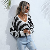 Women Knitted Sweater Autumn Zebra Pattern Knitted V-neck Women's Loose