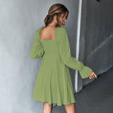 Women Dress Puff Sleeve Square Collar Long Sleeve Dress