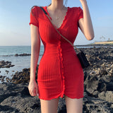 Women Dresses V-neck Short Sleeve Dress Sexy Hip Skirt