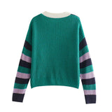 Women Sweater Knitwear Contrast Color Knitted Cardigan Top Autumn and Winter Loose Striped Sweater Coat