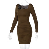Women Dresses Spring Summer Slim-Fit Long Sleeve Pleated Solid Color Dress