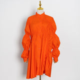 Women Dresses Loose Pleated Shirt Dress Stand Collar Lantern Long Sleeve Dress Women (Qymy0409)