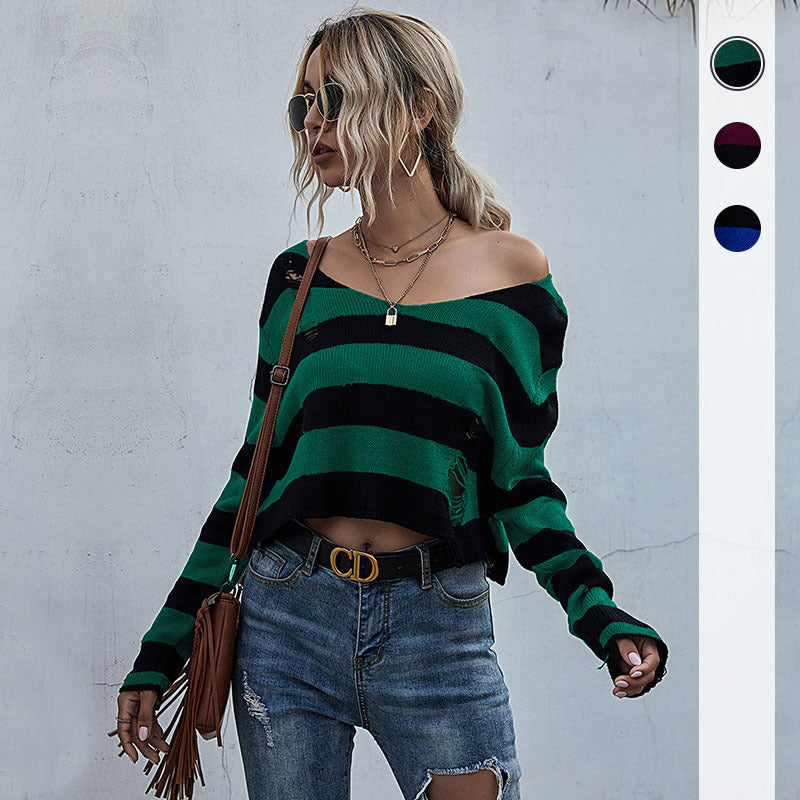 Women Knitted Sweater Autumn Striped V-neck Loose Short Knitted Bottoming Sweater