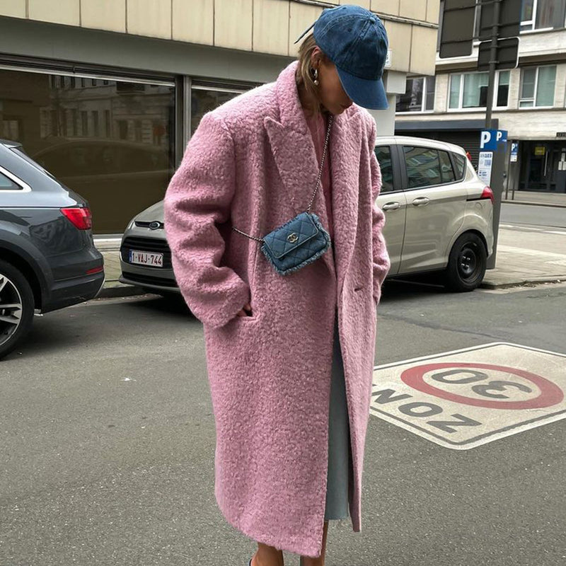 Women Trench Coat Fall/Winter Woolen Thick Pink Lapel Coat