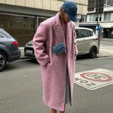 Women Trench Coat Fall/Winter Woolen Thick Pink Lapel Coat